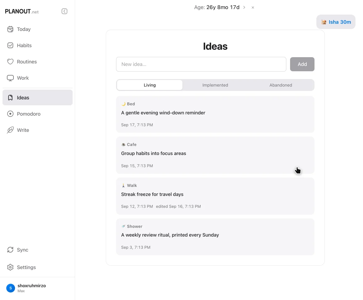 Ideas list in Planout