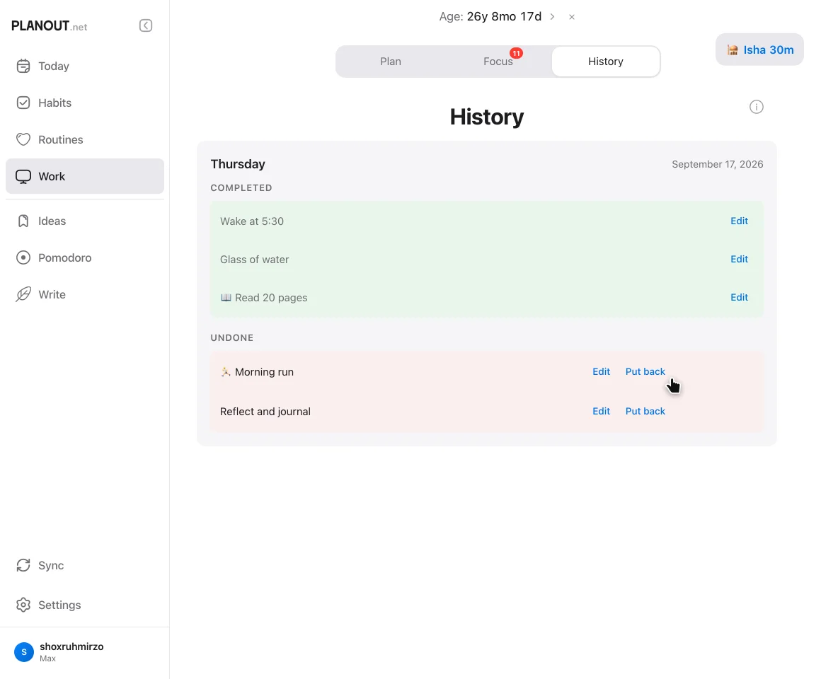 Task history in Planout